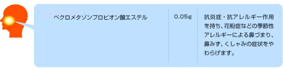 成分：ベクロメタゾンプロピオン酸エステル　含量：0.05g　作用：抗炎症・抗アレルギー作用を持ち、花粉症などの季節性アレルギーによる鼻づまり、鼻みず、くしゃみの症状をやわらげます。