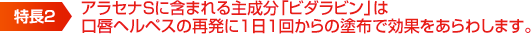 特長2．アラセナSに含まれる主成分「ビダラビン」は口唇ヘルペスの再発に1日1回からの塗布で効果をあらわします。